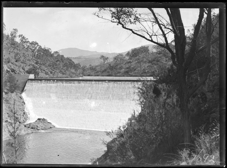 Cotter Dam wall spillway and stilling pond.