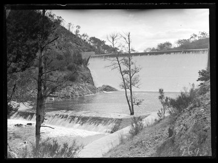 Cotter Dam wall spillway and stilling pond.