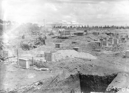Parliament House from the east with foundations for the Administrative Building in front.