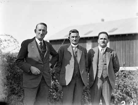 Canberra estate agents. Left to right: Harry Calthorpe, unknown and Bill Woodger at the auction of the first blocks of land.
