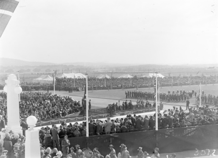 Royal Visit, May 1927. Troops, spectators and Army Band outside Parliament House and official guests awaiting the arrival of the Royal Party.